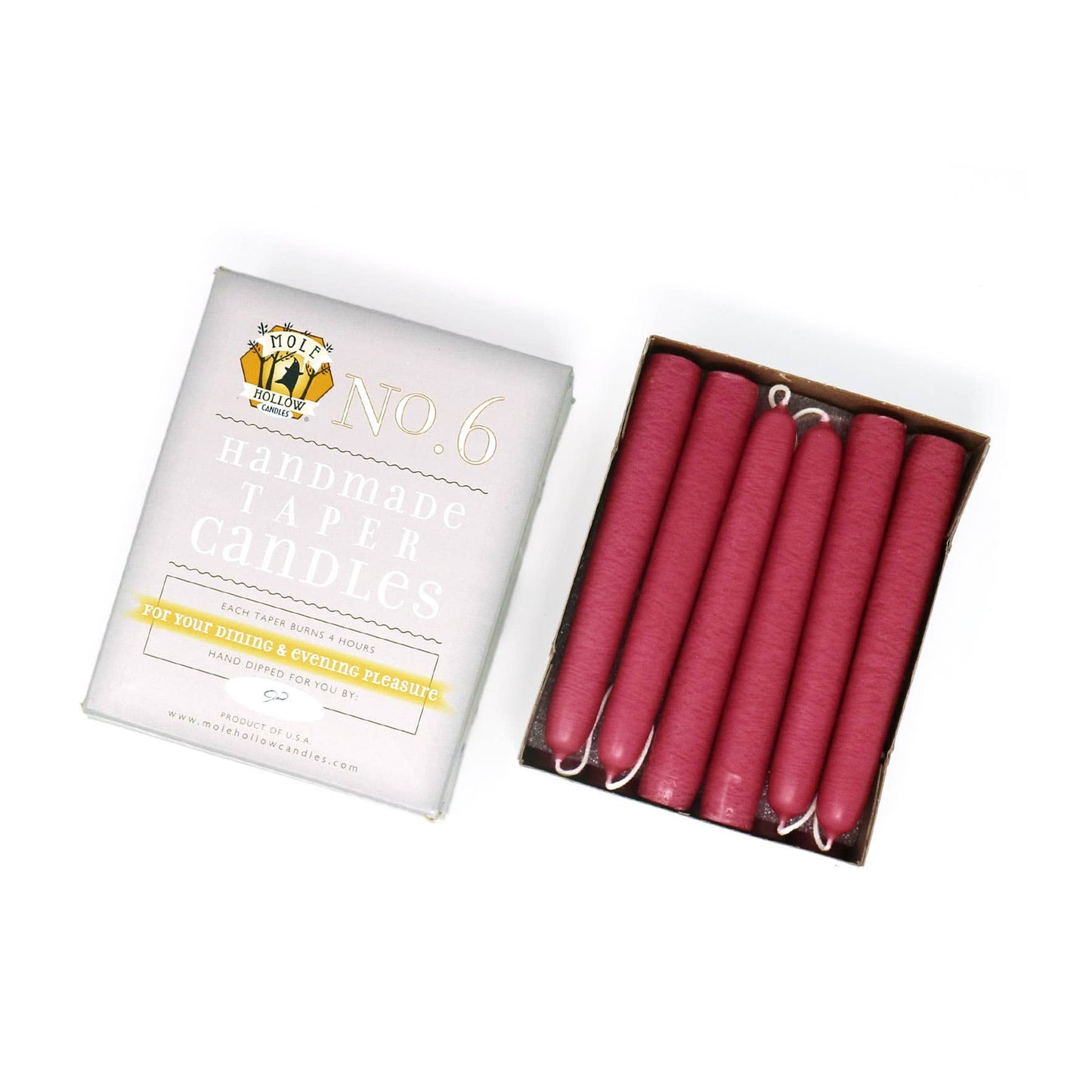 Mole Hollow Candles - 6" Taper Candles - Choose from 39 colors!: Sweetheart Red