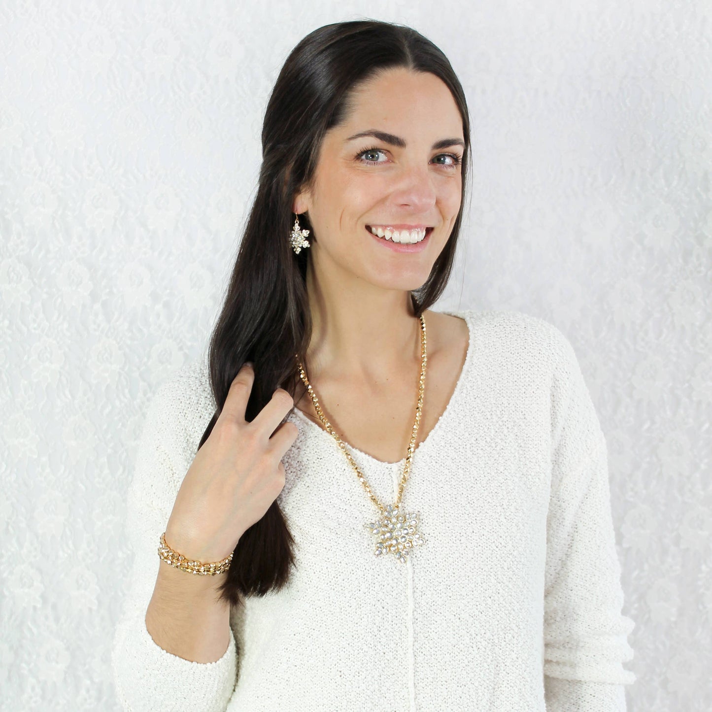 Seasons Jewelry - Gold Pearl & Crystal Snowflake Christmas Pin/Pendant