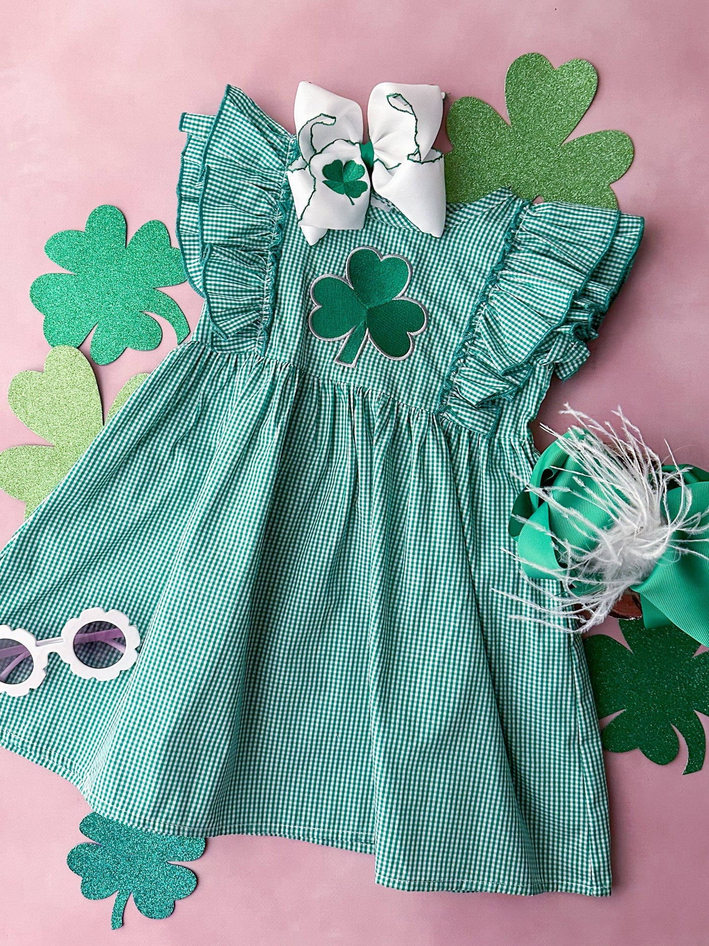 The Hair Bow Company - Embroidered Clover Green Gingham Dress: 3T