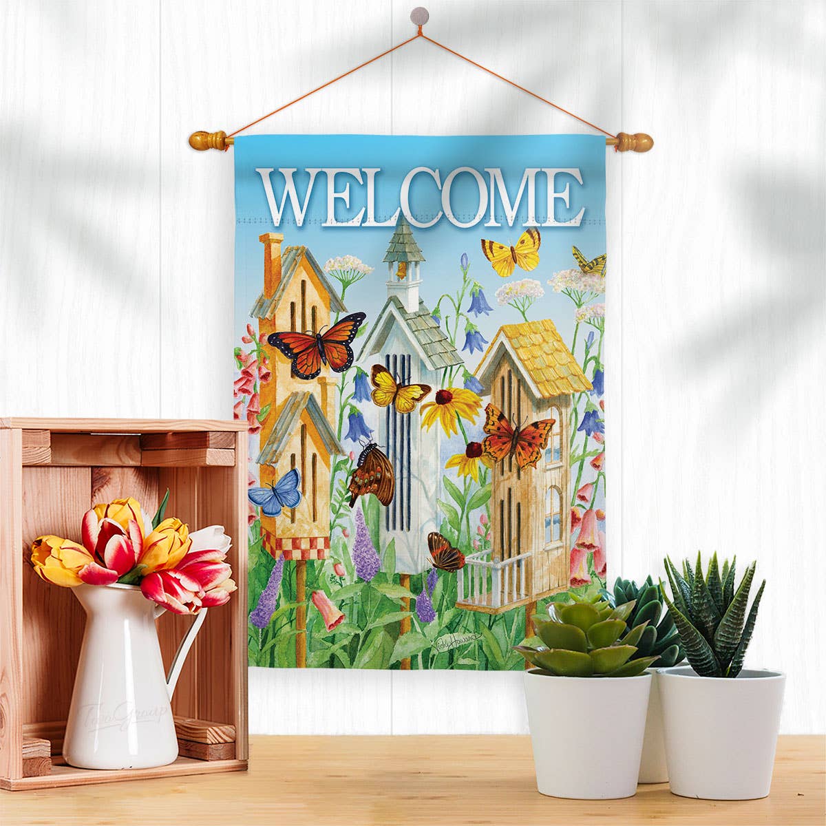 Two Group Flag Co - Welcome Butterfly Houses Garden Friends Floral Decor Flag: Double Sided-Thick Fabric / Garden Flag 13" x 18.5" Only