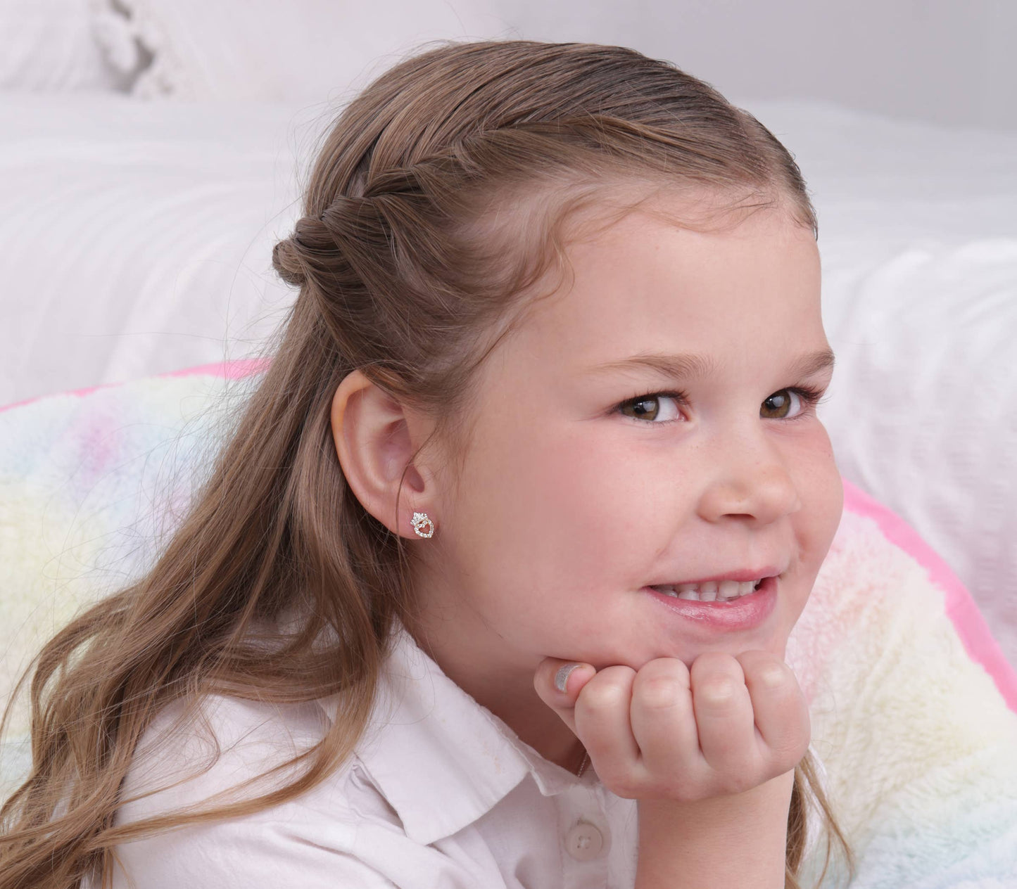 Cherished Moments - 14K Gold and Sterling Silver Tiara Heart Earrings for Kids
