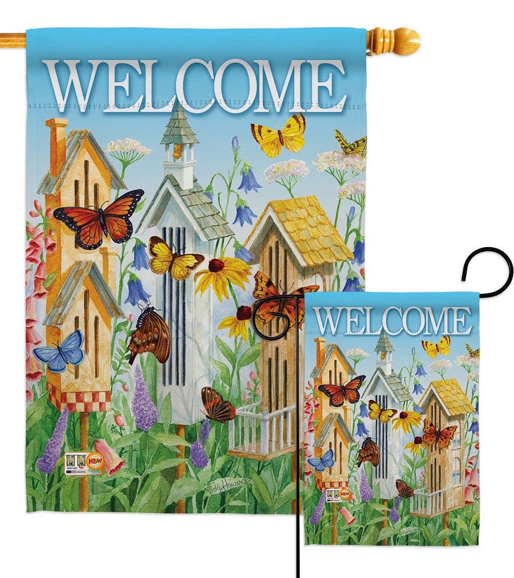 Two Group Flag Co - Welcome Butterfly Houses Garden Friends Floral Decor Flag: Double Sided-Thick Fabric / Garden Flag 13" x 18.5" Only