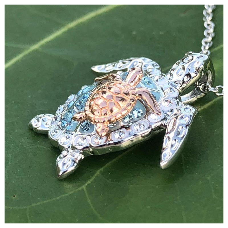 Ocean by ShanOre SS Aqua SW Crystal Turtle and Baby Necklace Rose plate