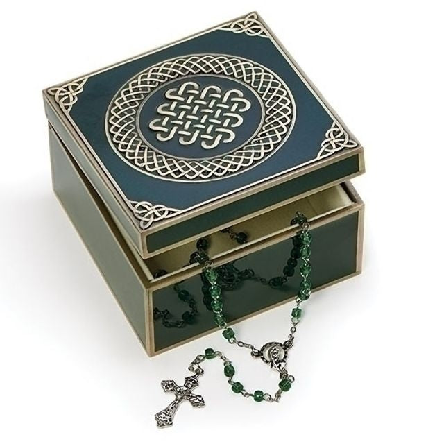 Dark Green Irish Keepsake Box With Rosary