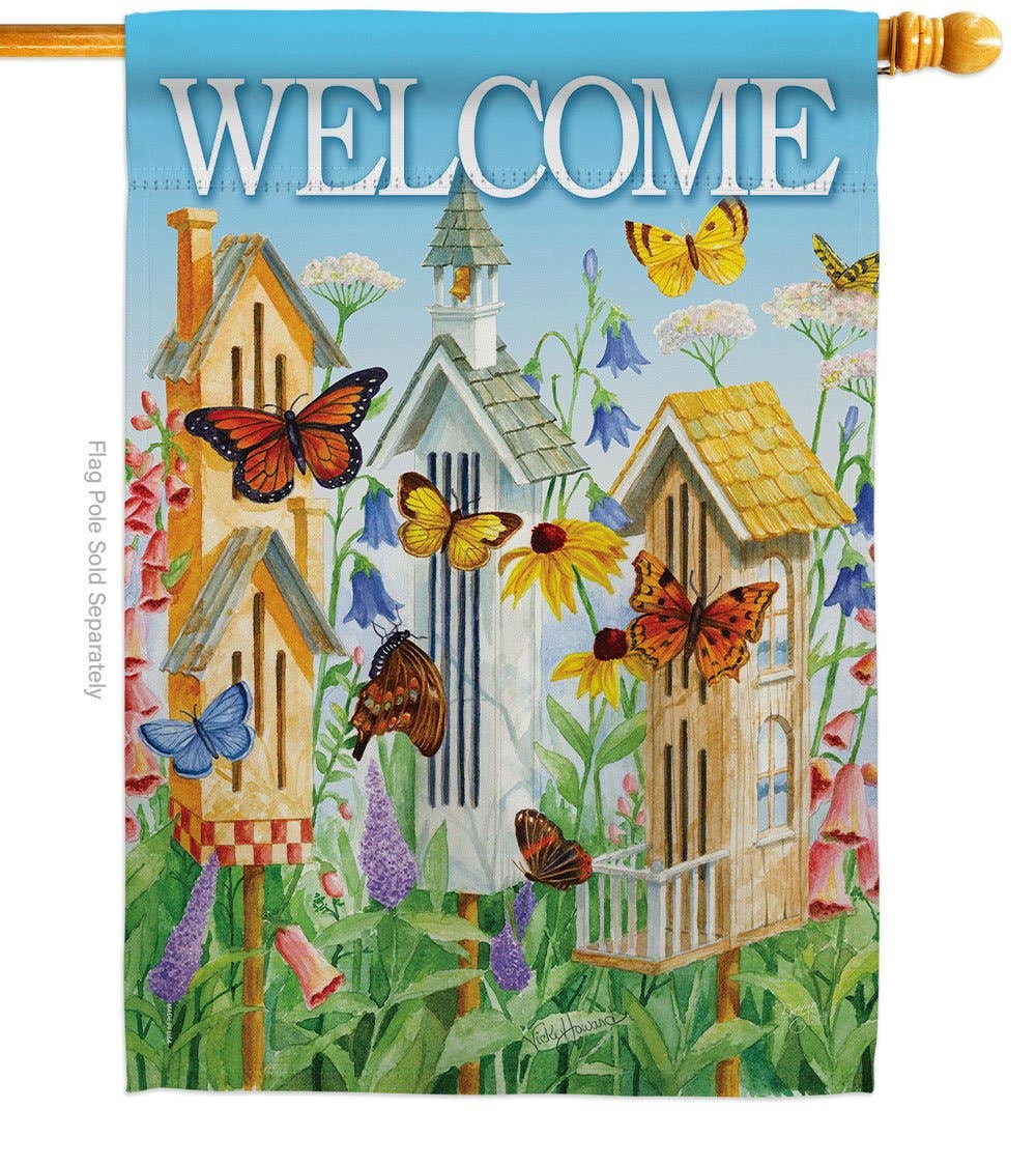 Two Group Flag Co - Welcome Butterfly Houses Garden Friends Floral Decor Flag: Double Sided-Thick Fabric / Garden Flag 13" x 18.5" Only