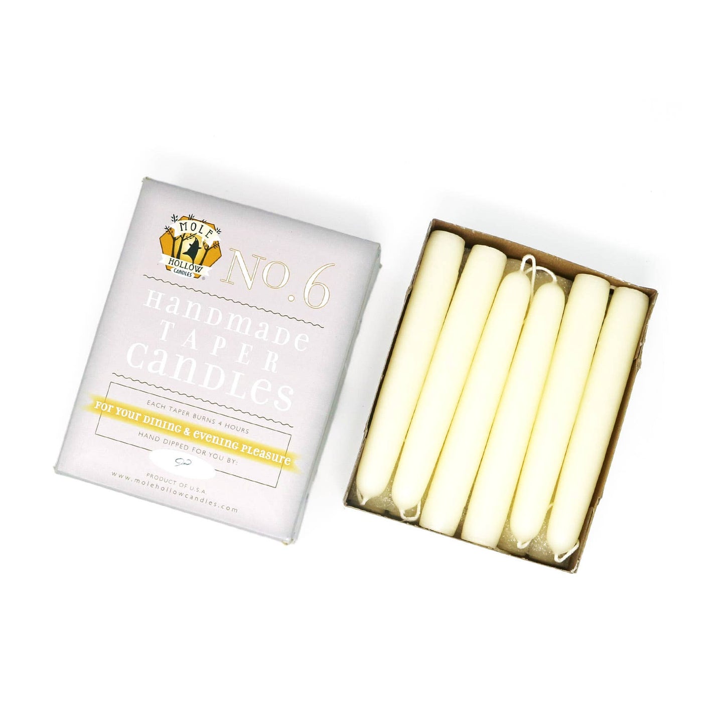 Mole Hollow Candles - 6" Taper Candles - Choose from 39 colors!: Stark White