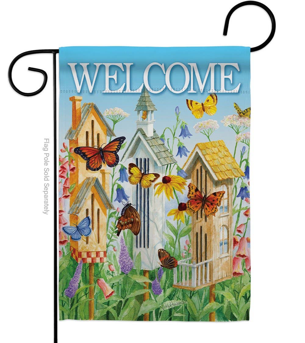 Two Group Flag Co - Welcome Butterfly Houses Garden Friends Floral Decor Flag: Double Sided-Thick Fabric / Garden Flag 13" x 18.5" Only