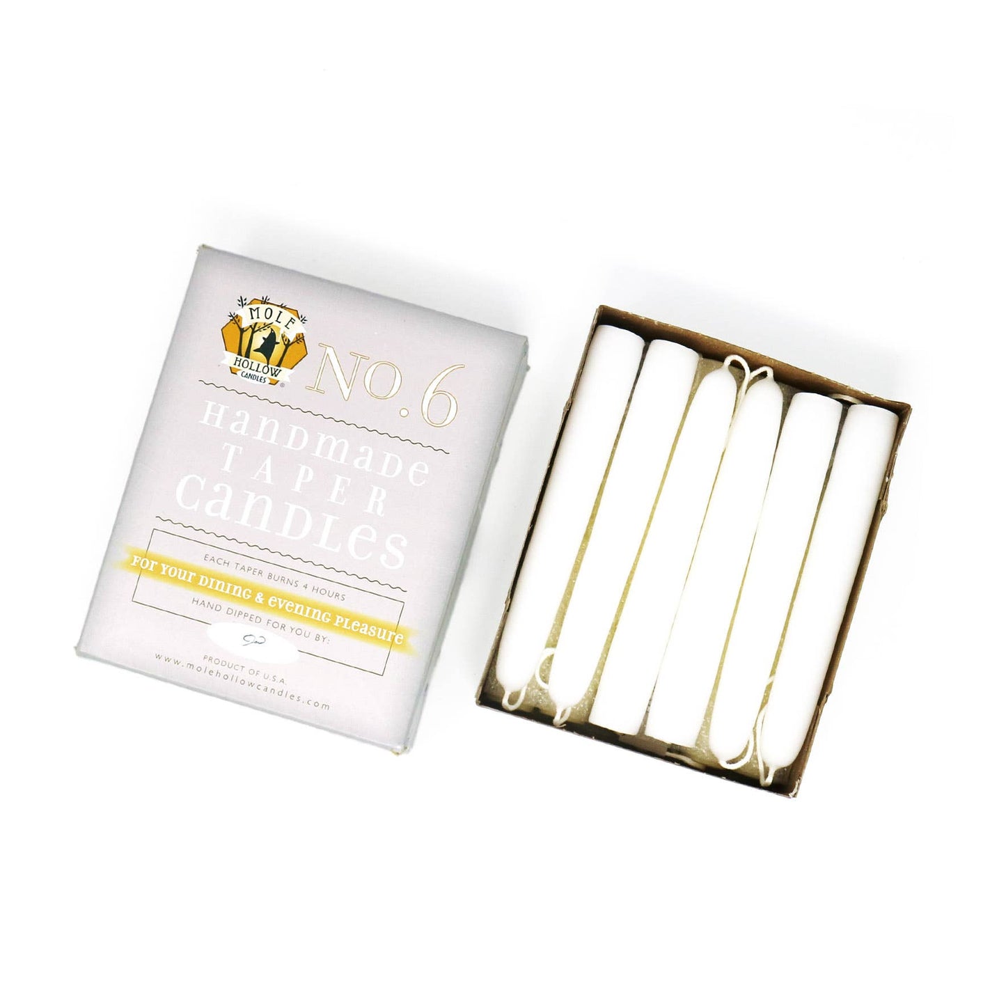 Mole Hollow Candles - 6" Taper Candles - Choose from 39 colors!: Shell White