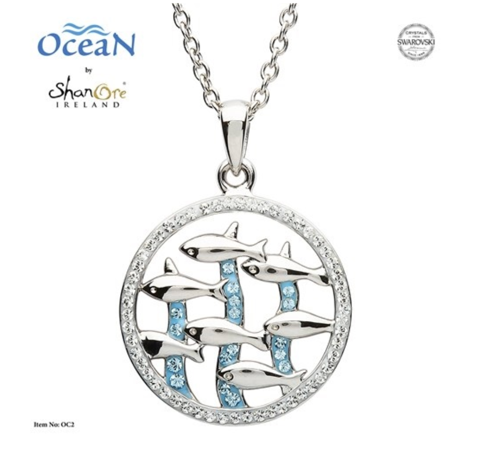 Ocean by ShanOre SS Dolphin Necklace with Aqua Swarovski Crystals Pendant