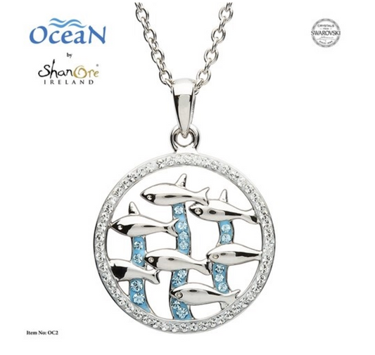 Ocean by ShanOre SS Dolphin Necklace with Aqua Swarovski Crystals Pendant