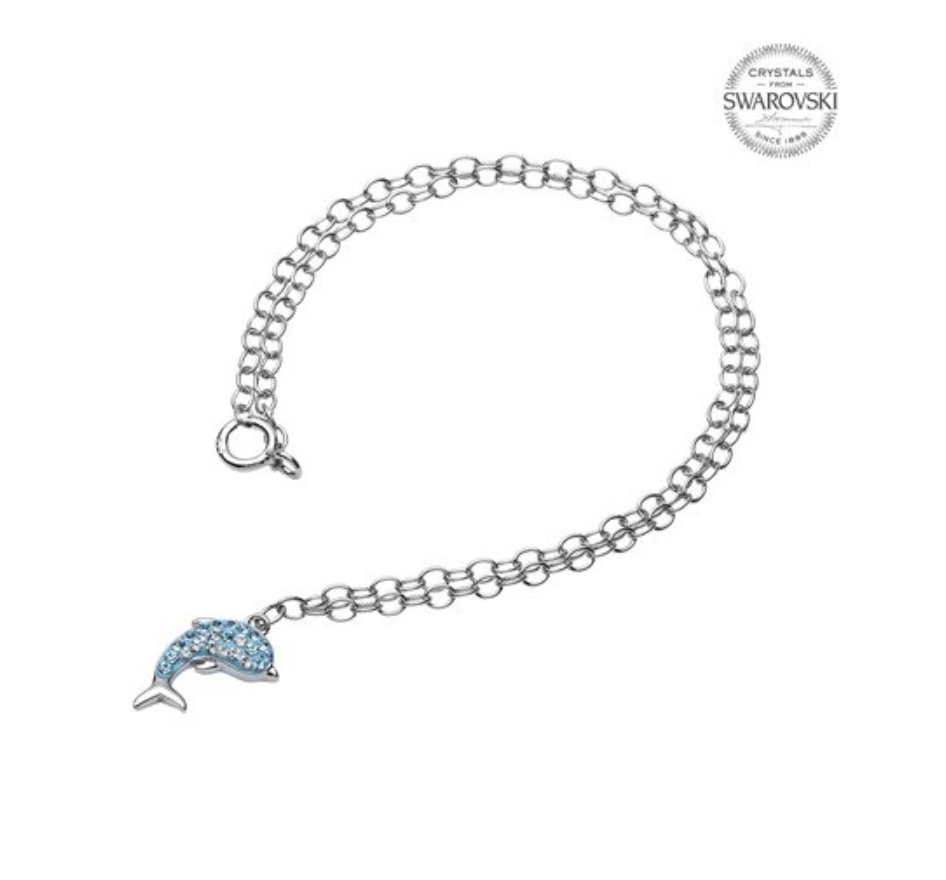 ShanOre SS Dolphin with Aqua/White Crystals Ankle Bracelet