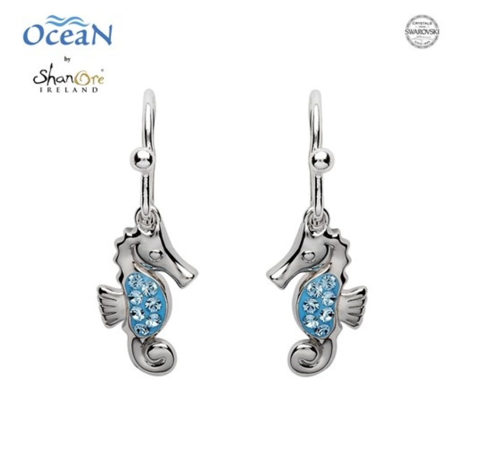 ShanOre SS Drop Seahorse aqua Crystal Earrings