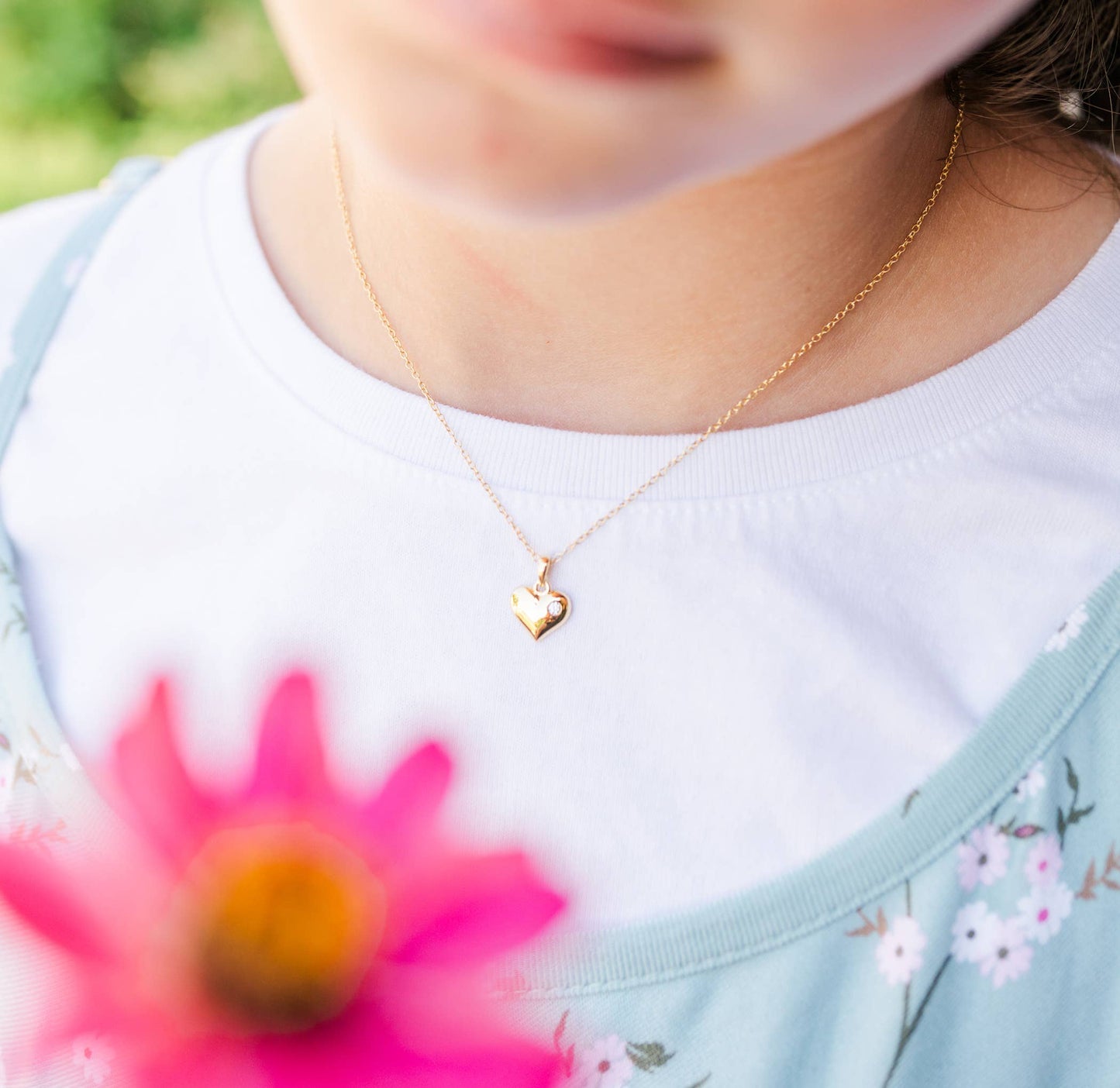 Cherished Moments - Girls 14K Gold-Plated Puff Heart Charm Necklace: 14 inch