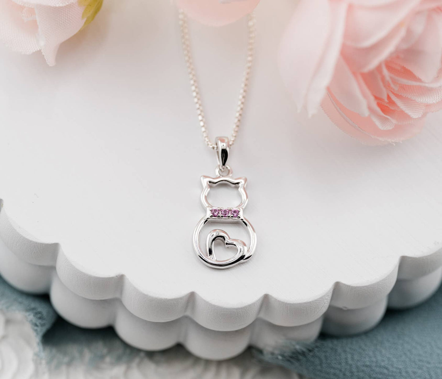 Cherished Moments - Girls Sterling Silver Cat Necklace with Pink CZ Collar: Pink / 16-18"