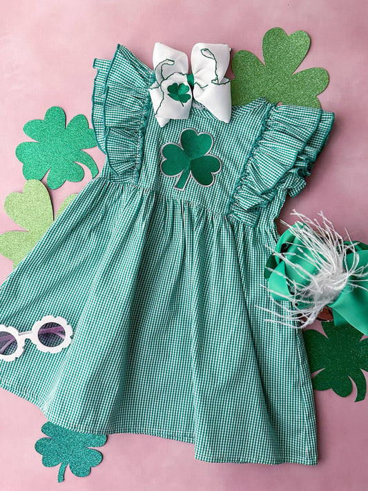 The Hair Bow Company - Embroidered Clover Green Gingham Dress: 3T