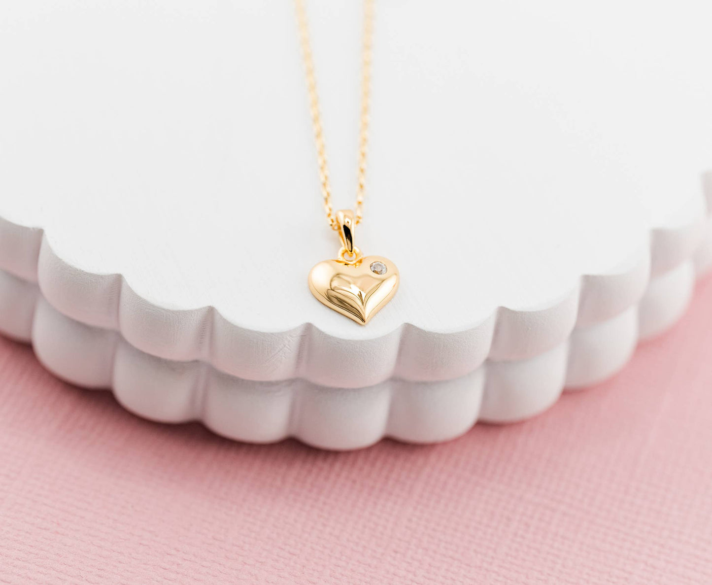 Cherished Moments - Girls 14K Gold-Plated Puff Heart Charm Necklace: 14 inch