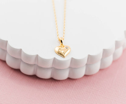 Cherished Moments - Girls 14K Gold-Plated Puff Heart Charm Necklace: 14 inch