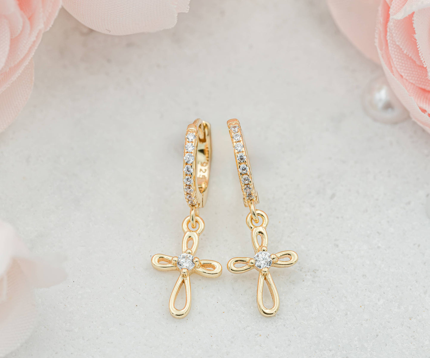 Cherished Moments - 14K Gold-Plated Huggie with Cross Earrings for Kids, Girls