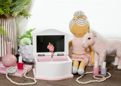 Cottage Garden - Ballerina White/Pink 7.5x5.4 MDF/Velvet Musical Jewelry Box