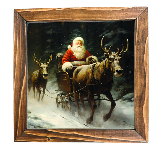 Teele and Co. - Santa with Reindeer Framed Sign: Dark Wood