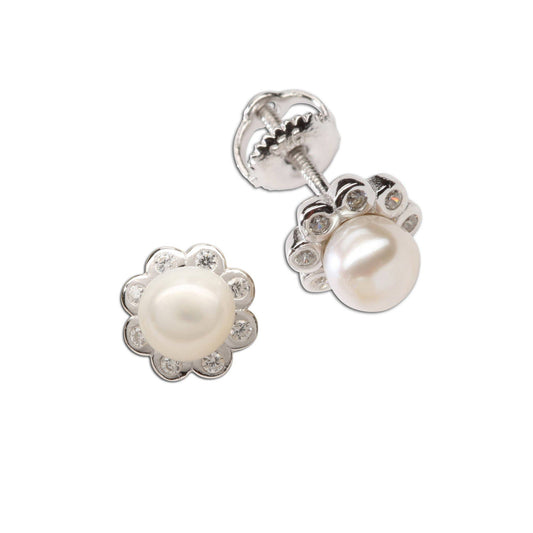 Cherished Moments - Sterling Silver Girls Screw-Back White Pearl Button Earrings