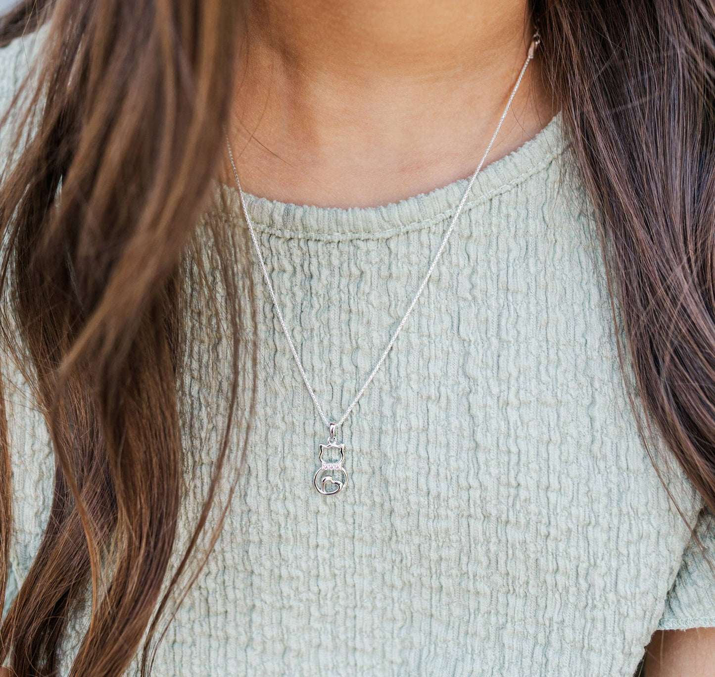 Cherished Moments - Girls Sterling Silver Cat Necklace with Pink CZ Collar: Pink / 16-18"