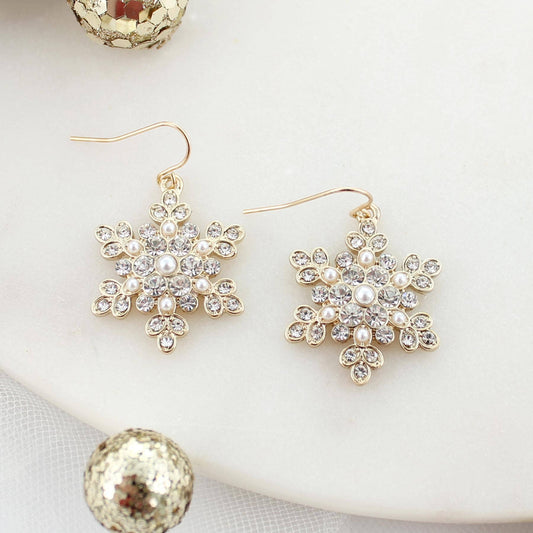 Seasons Jewelry - Gold Pearl & Crystal Snowflake Christmas Earrings