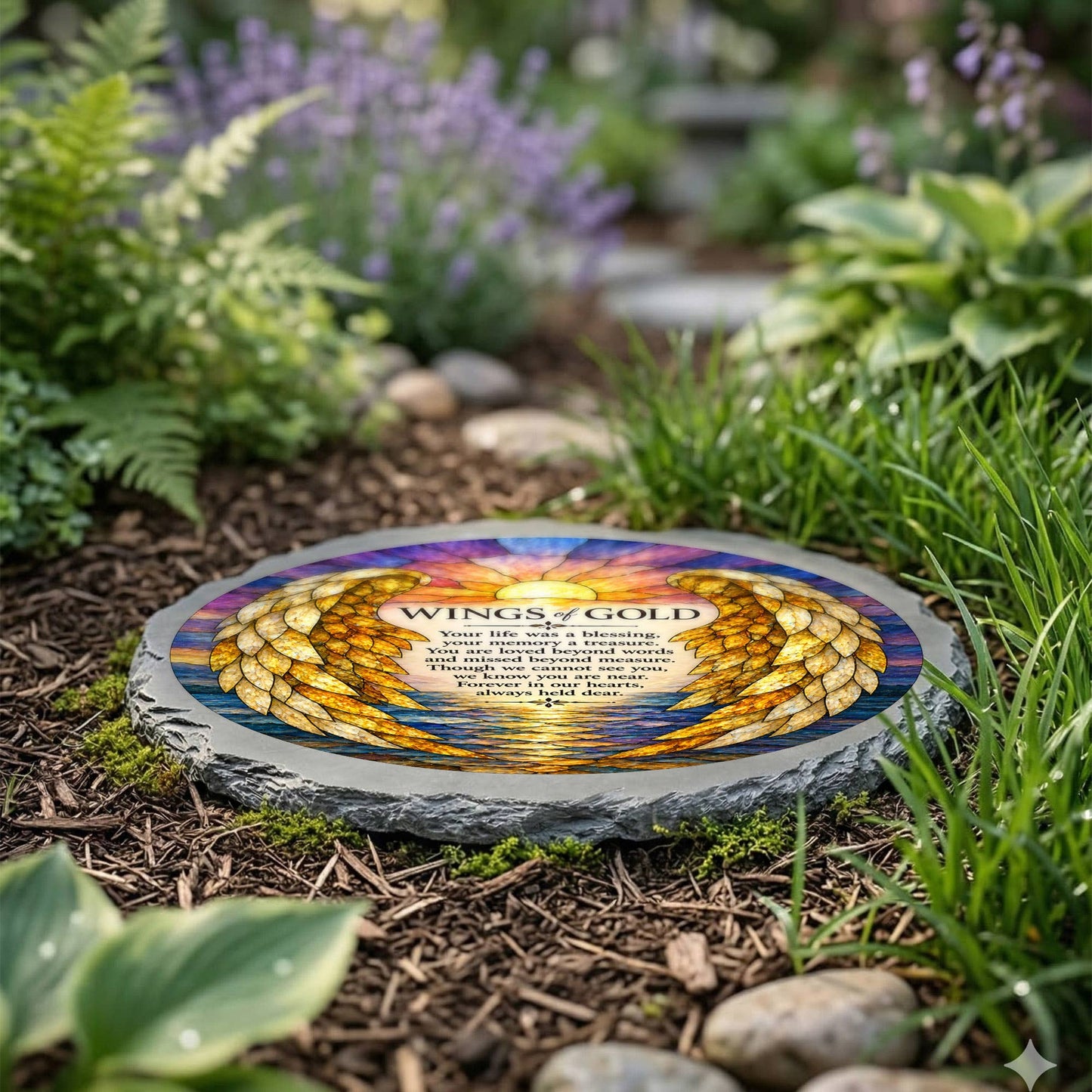 Cottage Garden - Stain Glass Artwork  WINGS OF GOLD STONE GRAY