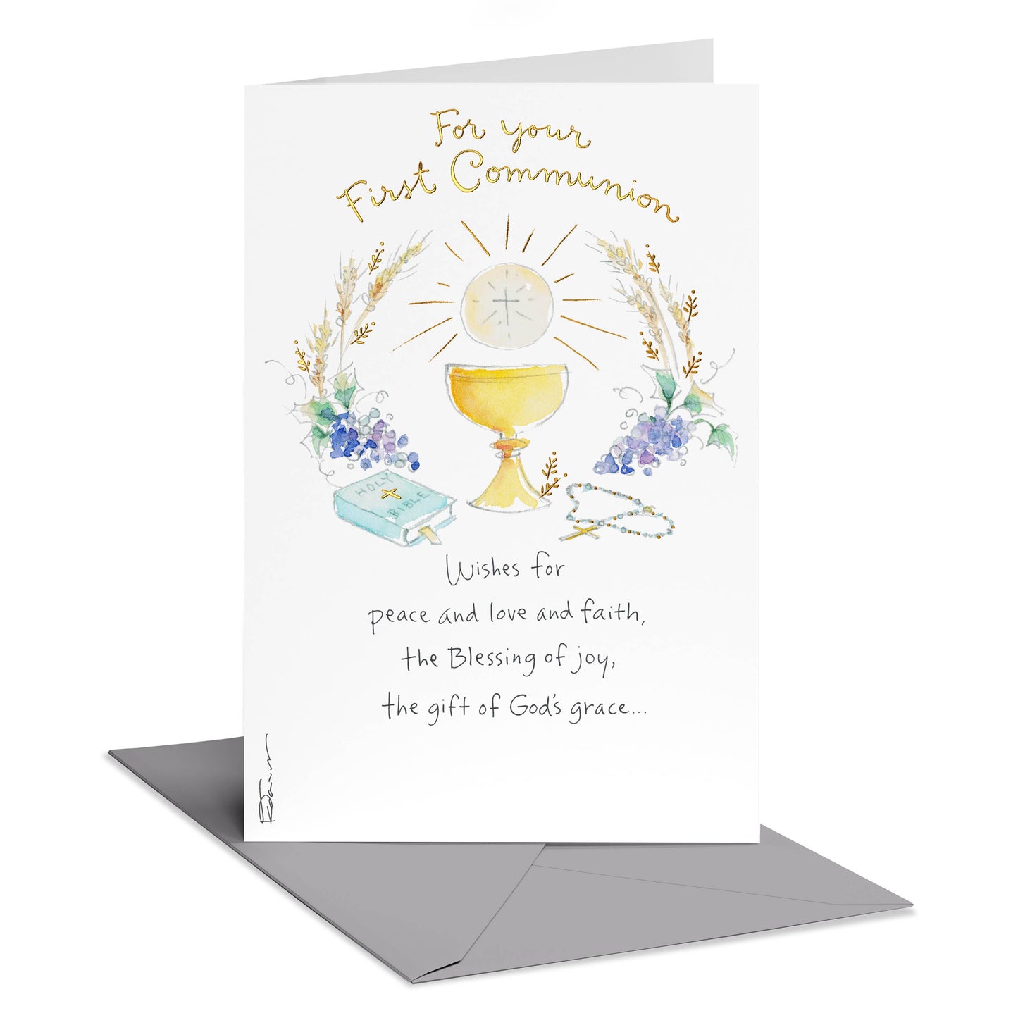 DICKENS INC. - First Communion Greeting Card –Chalice & Wheat Watercolor