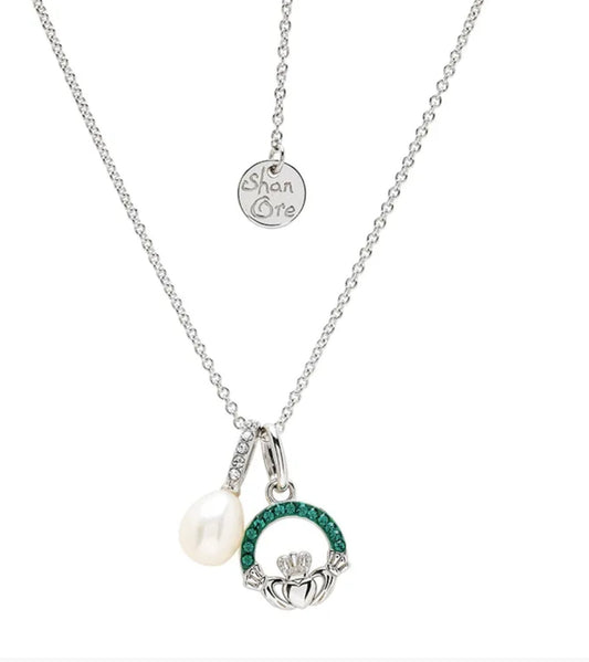 ShanOre Sterling Silver Claddagh Necklace With Pearl & Green Crystals