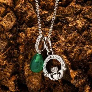 Sterling Silver White Crystal & Green Agate Claddagh Necklace