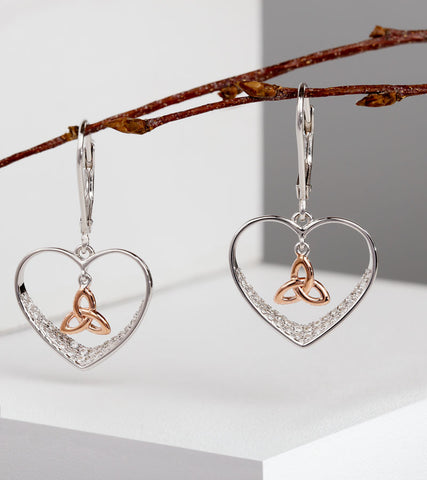 Trinity Knot Rose Gold Drop Earrings With Crystals