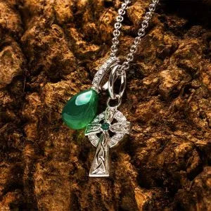 Sterling Silver White Emerald Crystal & Green Agate Celtic Cross Necklace