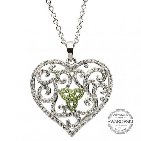 Sterling Silver Heart Pendant Encrusted With White & Light Green Swarovski Crystals