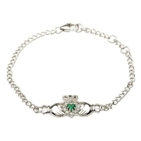 Sterling Silver With Green Stone Set Claddagh Bracelet
