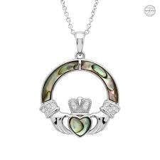 ShanOre Sterling Silver Claddagh Pendant With Abalone Surround & Crystals