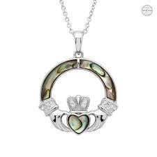 Sterling Silver Claddagh Pendant With Abalone Surround & Crystals