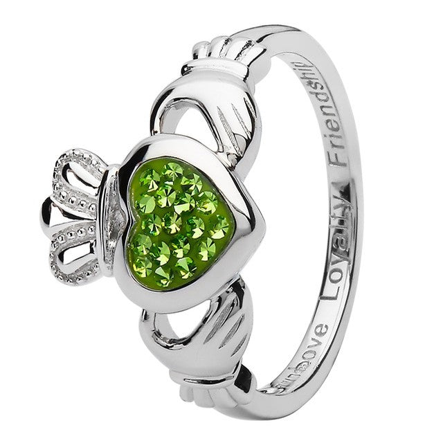 Claddagh Silver Ring Encrusted With Peridot Crystals