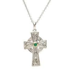 Emerald Set Sterling Silver Celtic Cross With Celtic Knot Design