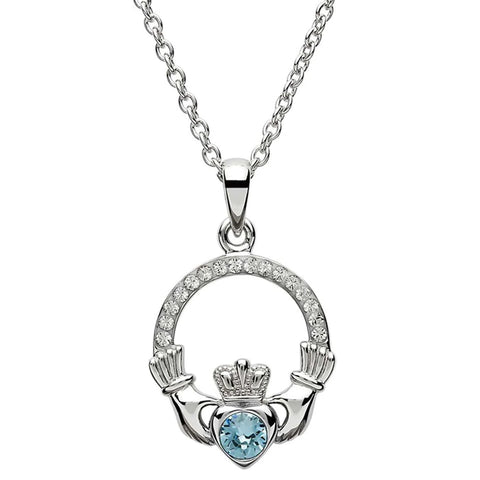Claddagh March Birthstone Pendant Adorned With Crystals