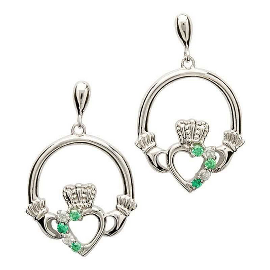 ShanOre Silver Claddagh Earrings With Green and White CZ