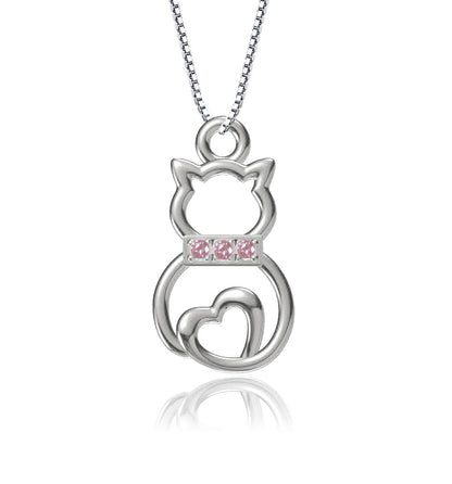 Cherished Moments - Girls Sterling Silver Cat Necklace with Pink CZ Collar: Pink / 16-18"