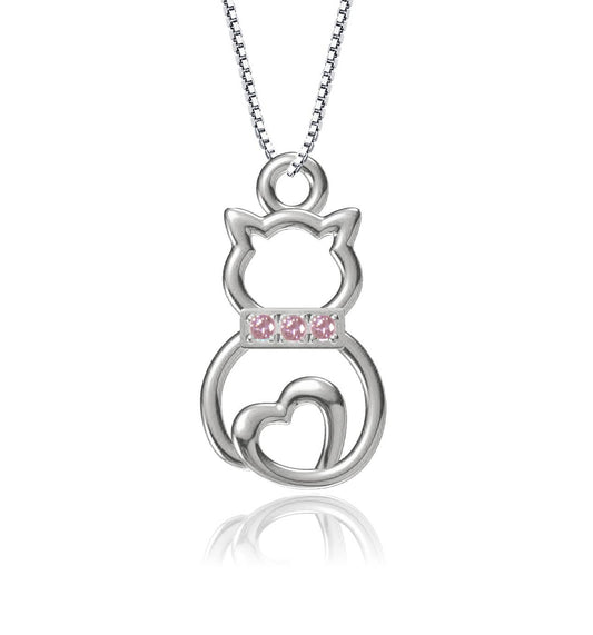 Cherished Moments - Girls Sterling Silver Cat Necklace with Pink CZ Collar: Pink / 16-18"
