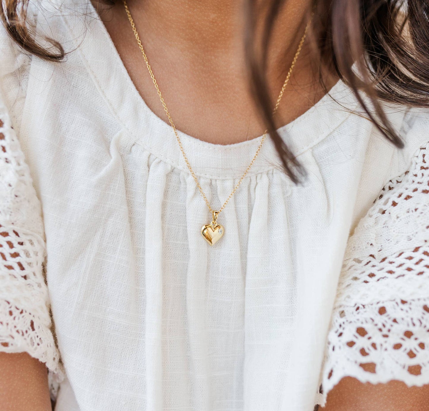 Cherished Moments - Girls 14K Gold-Plated Puff Heart Charm Necklace: 14 inch