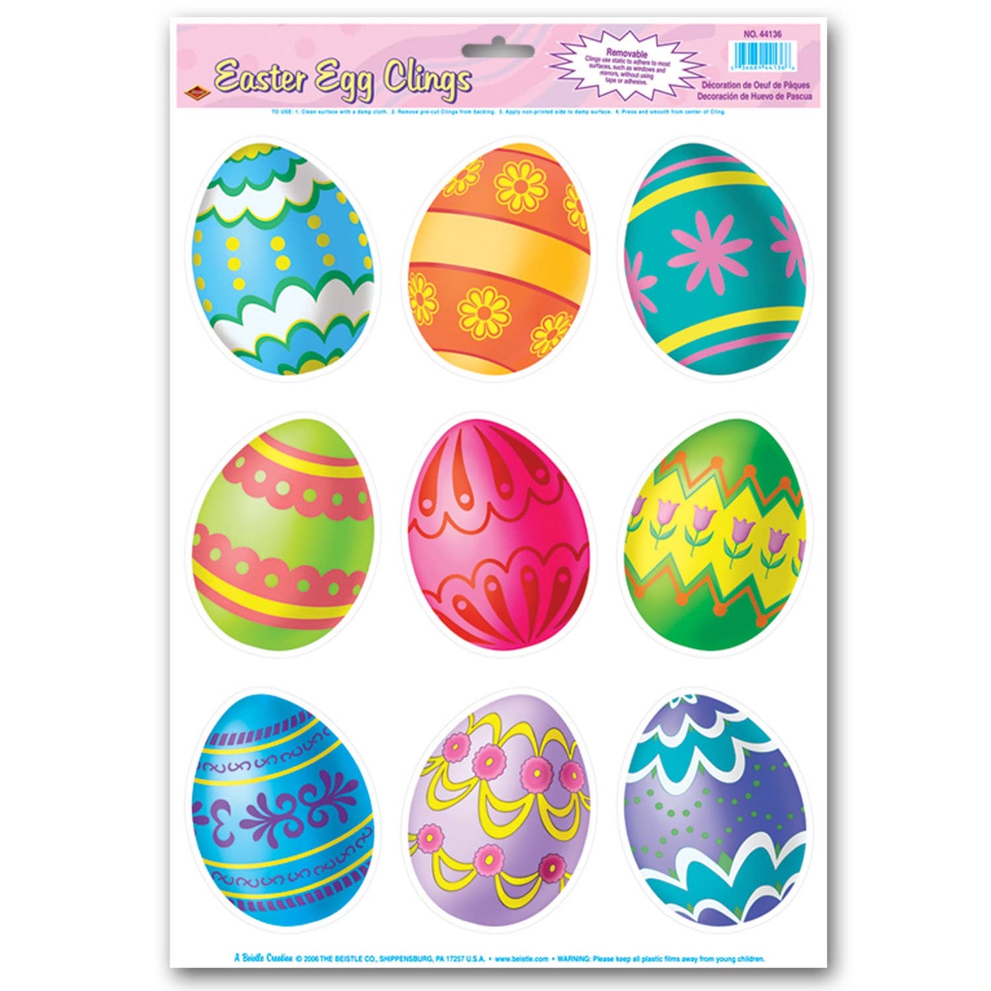 Beistle - Easter Egg Clings, 12" x 17" Sheets, 9 per sheet