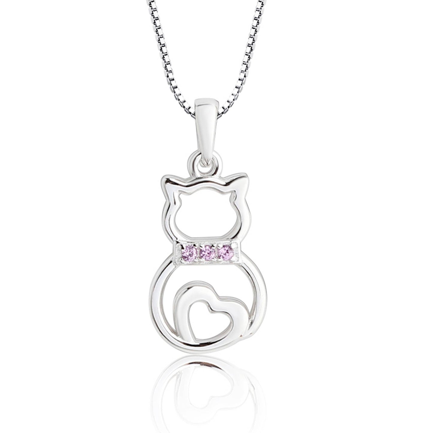 Cherished Moments - Girls Sterling Silver Cat Necklace with Pink CZ Collar: Pink / 16-18"
