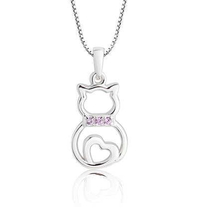Cherished Moments - Girls Sterling Silver Cat Necklace with Pink CZ Collar: Pink / 16-18"