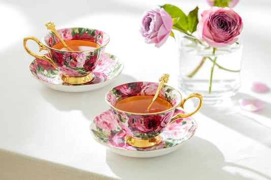 Grace Teaware - Rose Bloom Gold 7oz Bone China Tea Cup and Saucer One Set
