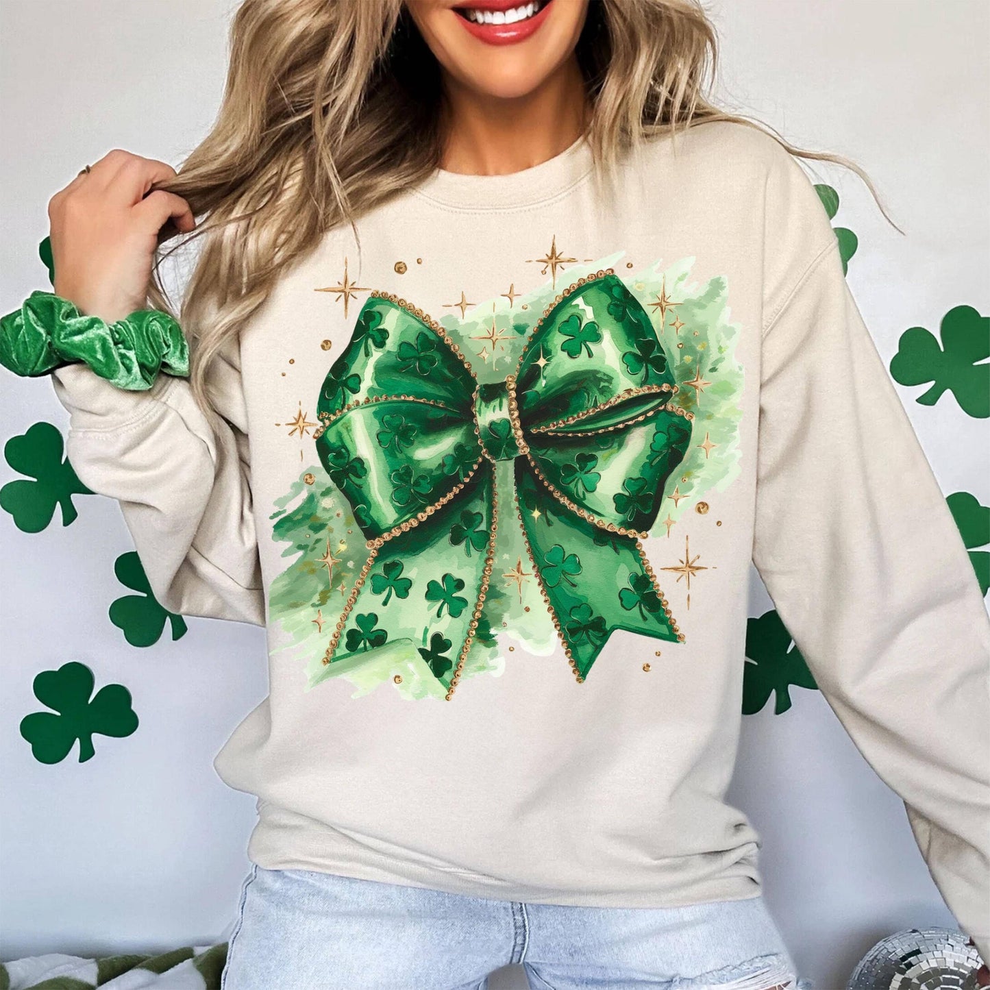 NVC Ecommerce LLC - St. Patrick’s Day Coquette Sweater, Glitter Faux Disco Shirt: Sand / M / Sweatshirt