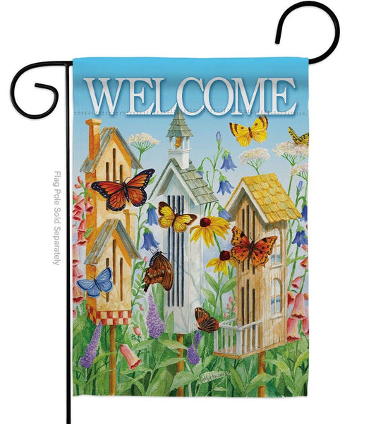 Two Group Flag Co - Welcome Butterfly Houses Garden Friends Floral Decor Flag: Double Sided-Thick Fabric / Garden Flag 13" x 18.5" Only